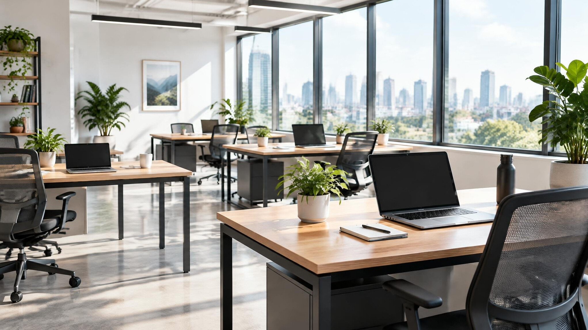 Bright modern workspace with laptops, plants and large windows